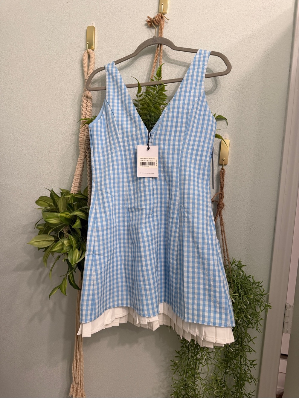 Light Blue Gingham V-Neck Sundress with White Hem - Picture 2 of 5